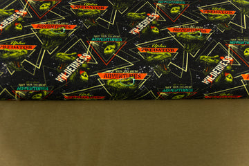 Stoffpaket French Terry + Bündchen, Jurassic King, Dinosaurier, oliv